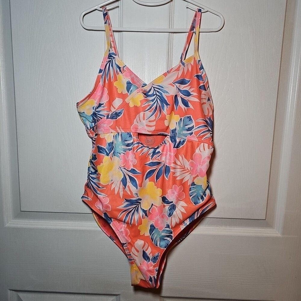 Wonder Nation Girls Peach Floral Bathing Suit XL 14/16